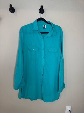 Ralph Lauren Womens Oversized Cotton Button Up Shirt Teal Gauze L Swim Coverup